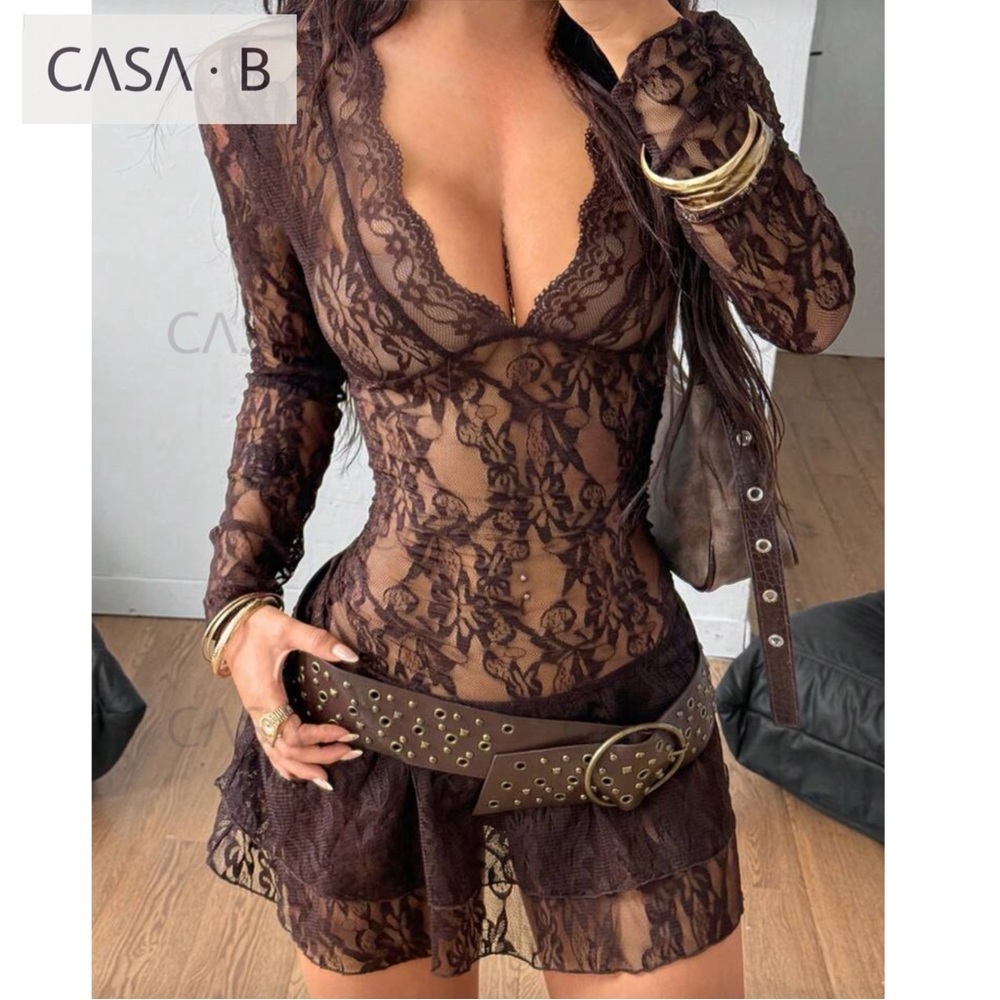 NEW🔥CASA B| The Sahara Sol Sheer Brown Lace Festival Mini Dress